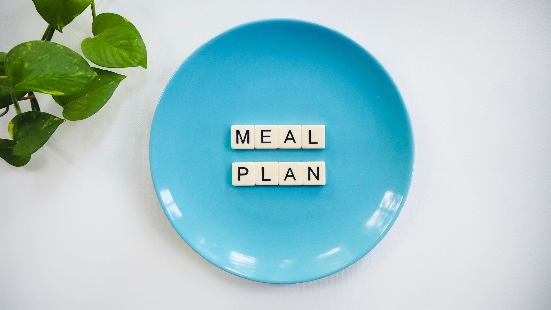 Napis MEAL PLAN z kostek liter na niebieskim talerzu z zielonymi liśćmi Napis MEAL PLAN z kostek liter na niebieskim talerzu z zielonymi liśćmi